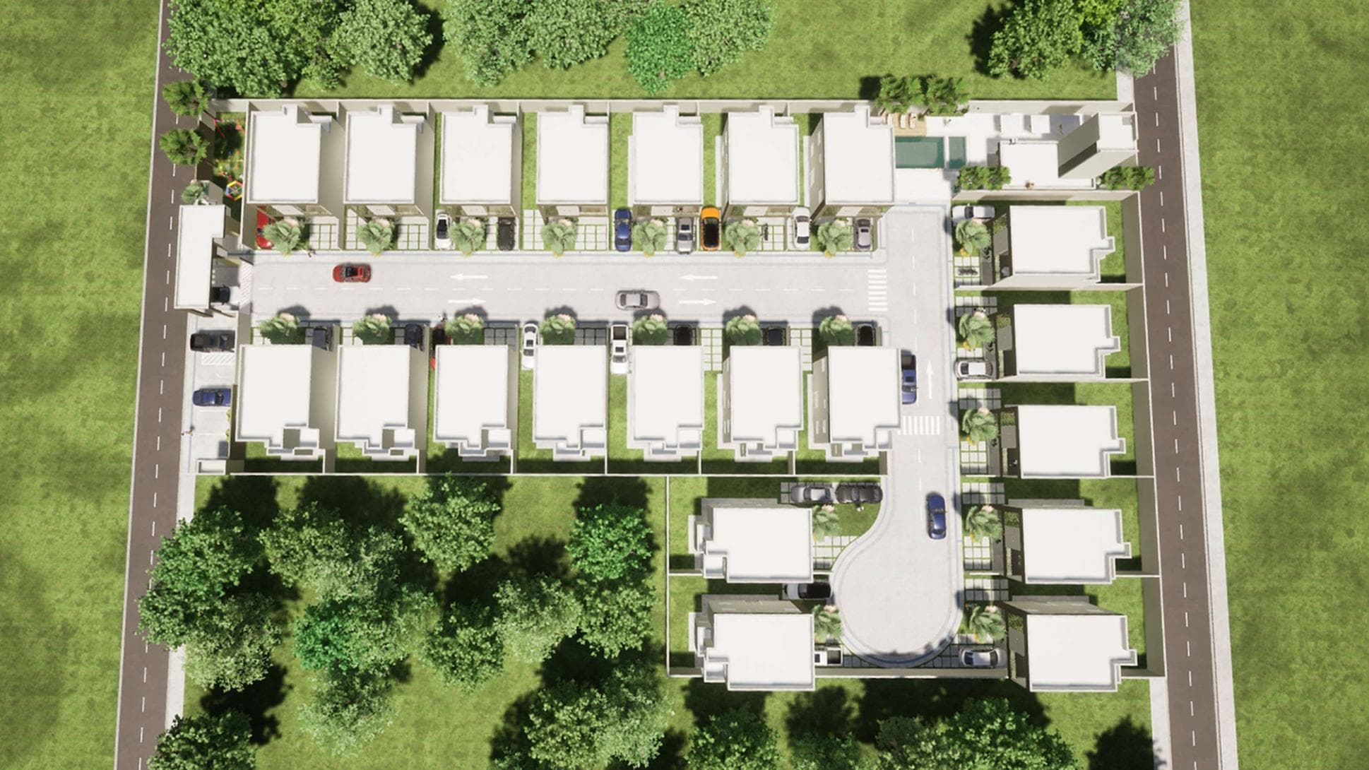 Implantação do condomínio: as 21 casas vistas de cima